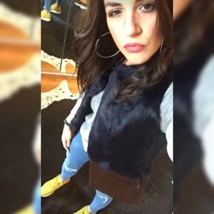 Two-Tone Fur Vest, Navy, Chocolate Brown, Sz M